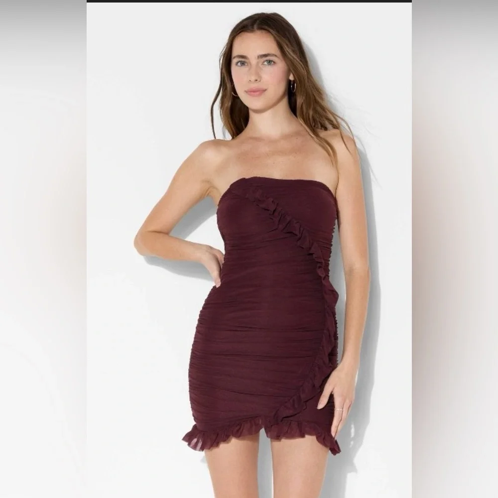 wild fable burgundy dress Women's Ruched Ruffle Tube Mini Bodycon Dress